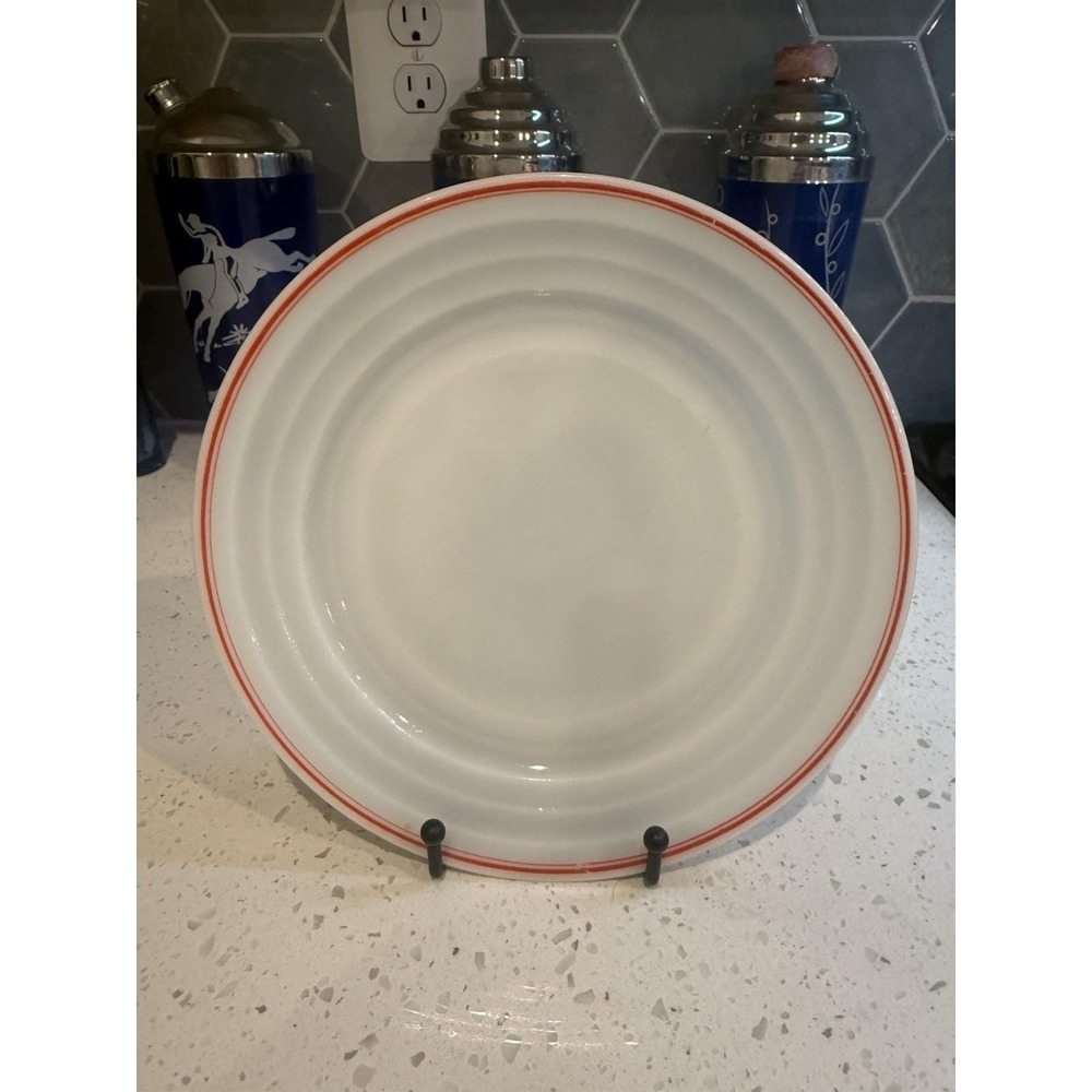 Hazel Atlas Moderntone White Red Stripe 9" Dinner Plate Mid Century Modern Glass